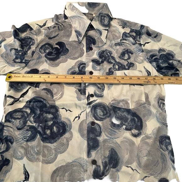 Vtg 70s Antron Nylon Short Sleeve Men's Shirt Blue White Cloud Bird Print Size M - Picture 7 of 8